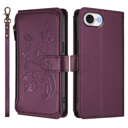 For iPhone 17e / 16e Leather Case Butterfly Floral Imprint Zipper Wallet Stand Cover with Wrist Strap