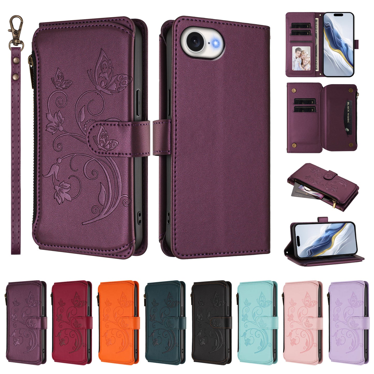 For iPhone 17e / 16e Leather Case Butterfly Floral Imprint Zipper Wallet Stand Cover with Wrist Strap