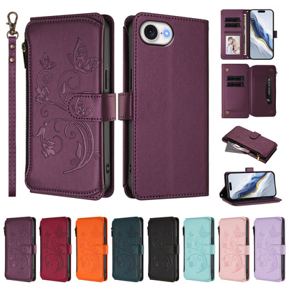 For iPhone 17e / 16e Leather Case Butterfly Floral Imprint Zipper Wallet Stand Cover with Wrist Strap