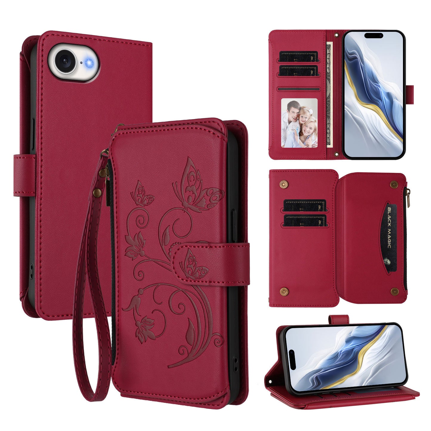 For iPhone 17e / 16e Leather Case Butterfly Floral Imprint Zipper Wallet Stand Cover with Wrist Strap