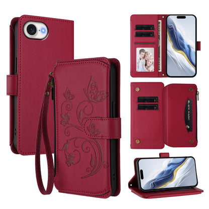 For iPhone 17e / 16e Leather Case Butterfly Floral Imprint Zipper Wallet Stand Cover with Wrist Strap