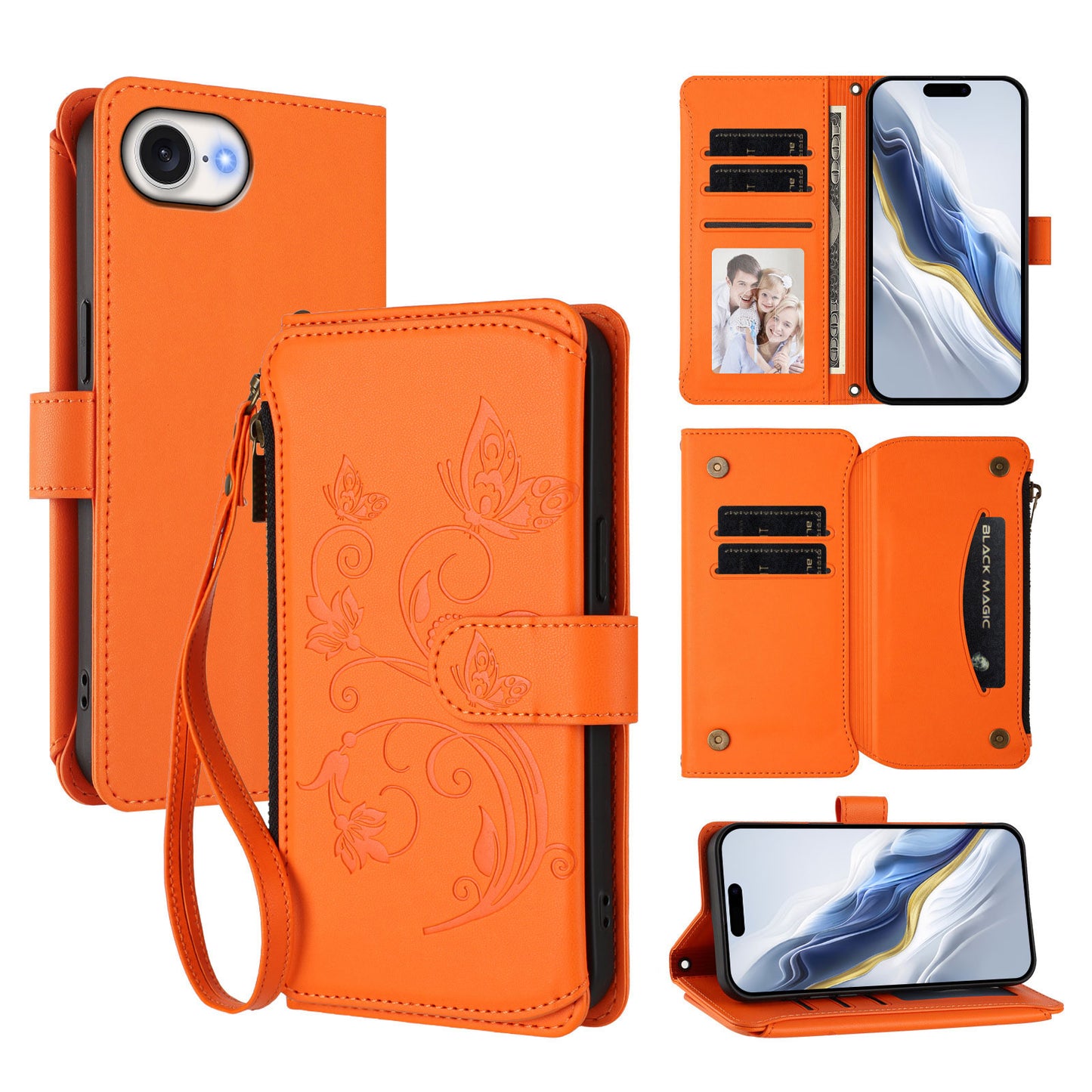 For iPhone 17e / 16e Leather Case Butterfly Floral Imprint Zipper Wallet Stand Cover with Wrist Strap