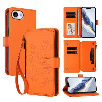 For iPhone 17e / 16e Leather Case Butterfly Floral Imprint Zipper Wallet Stand Cover with Wrist Strap