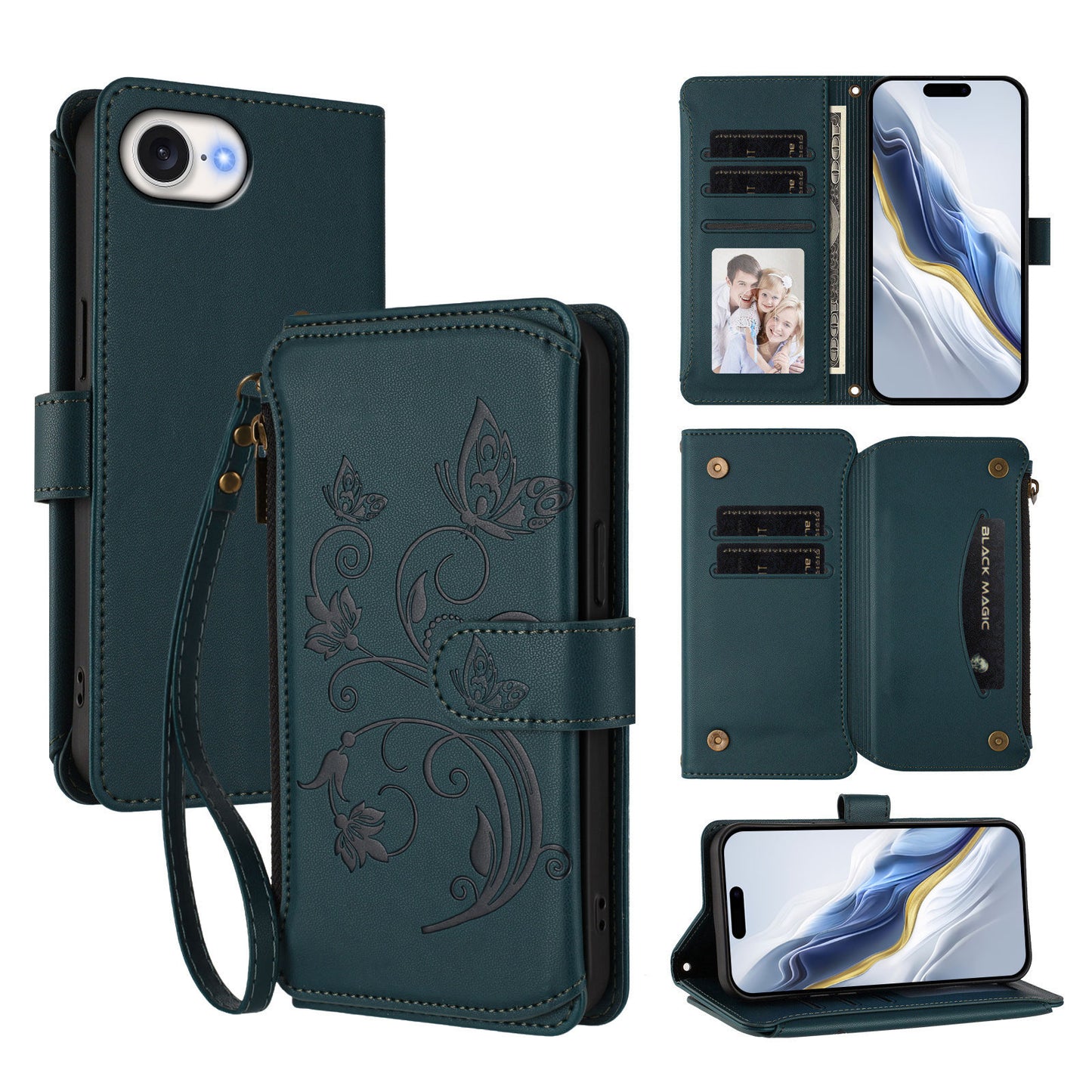 For iPhone 17e / 16e Leather Case Butterfly Floral Imprint Zipper Wallet Stand Cover with Wrist Strap