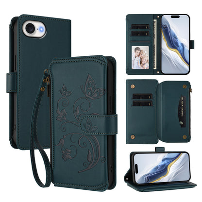 For iPhone 17e / 16e Leather Case Butterfly Floral Imprint Zipper Wallet Stand Cover with Wrist Strap