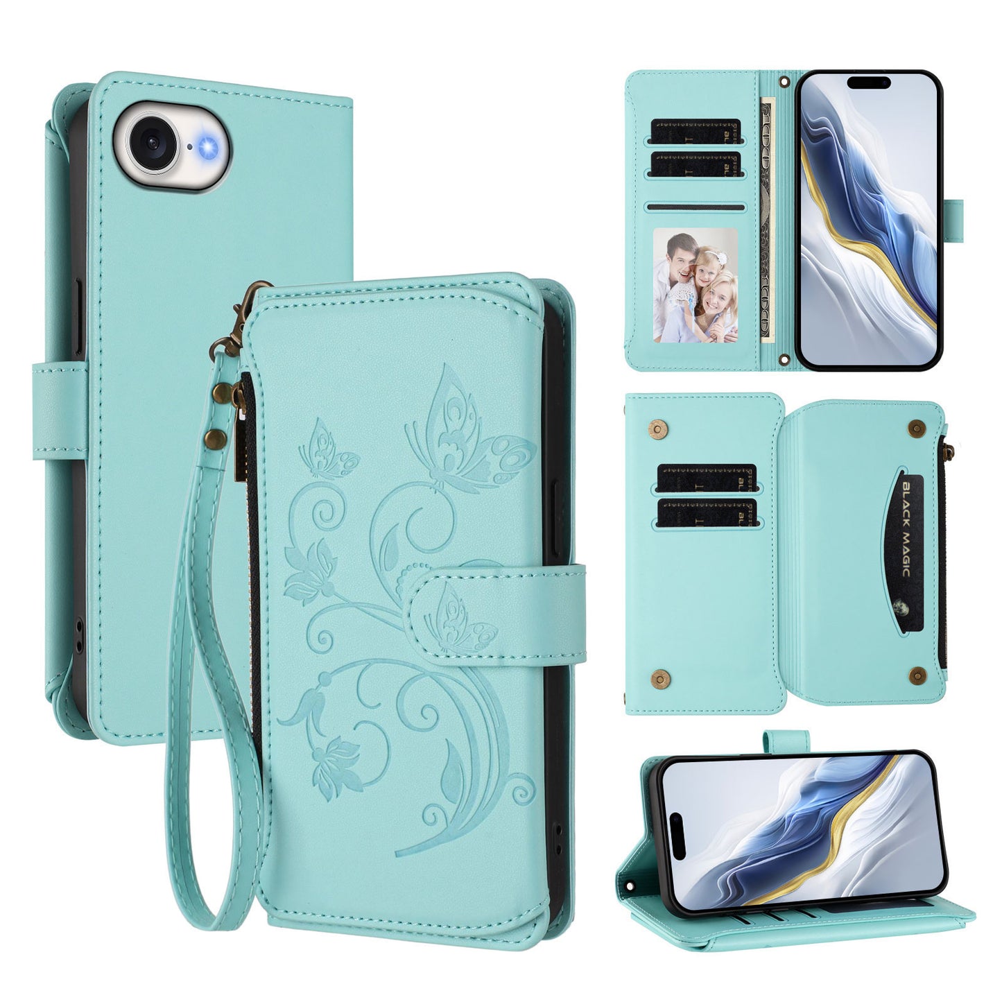 For iPhone 17e / 16e Leather Case Butterfly Floral Imprint Zipper Wallet Stand Cover with Wrist Strap