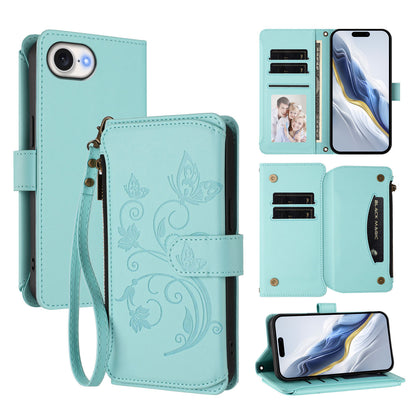 For iPhone 17e / 16e Leather Case Butterfly Floral Imprint Zipper Wallet Stand Cover with Wrist Strap