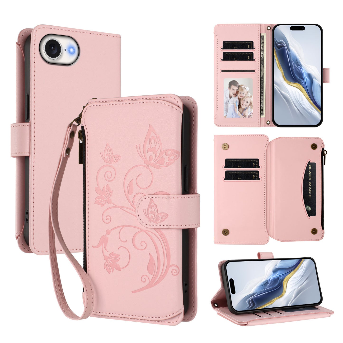 For iPhone 17e / 16e Leather Case Butterfly Floral Imprint Zipper Wallet Stand Cover with Wrist Strap