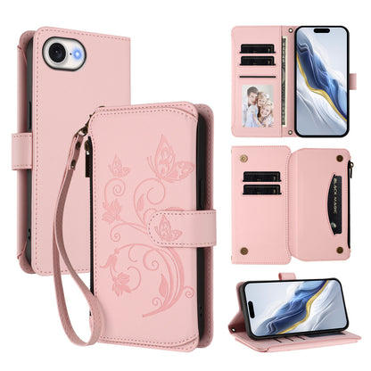 For iPhone 17e / 16e Leather Case Butterfly Floral Imprint Zipper Wallet Stand Cover with Wrist Strap