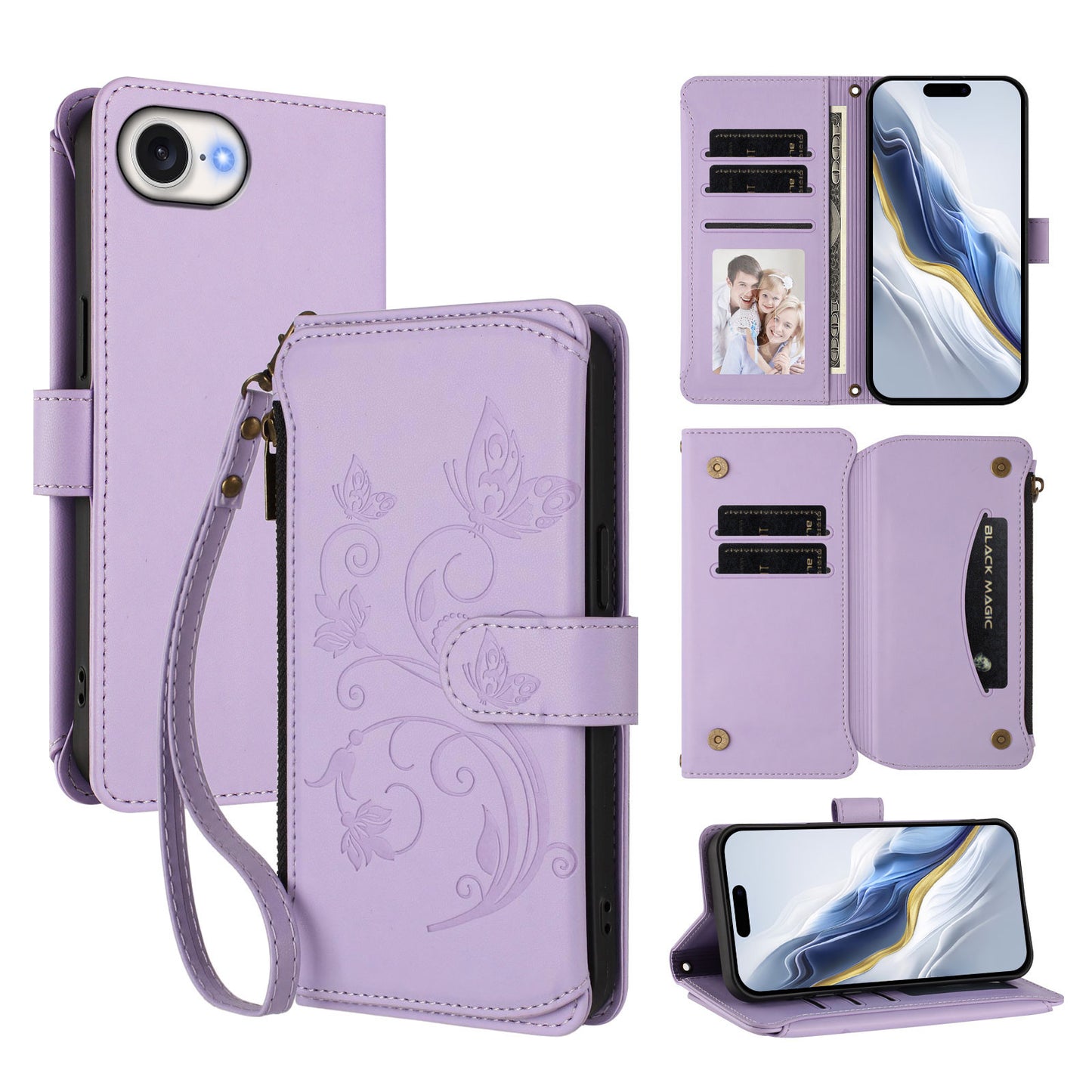 For iPhone 17e / 16e Leather Case Butterfly Floral Imprint Zipper Wallet Stand Cover with Wrist Strap