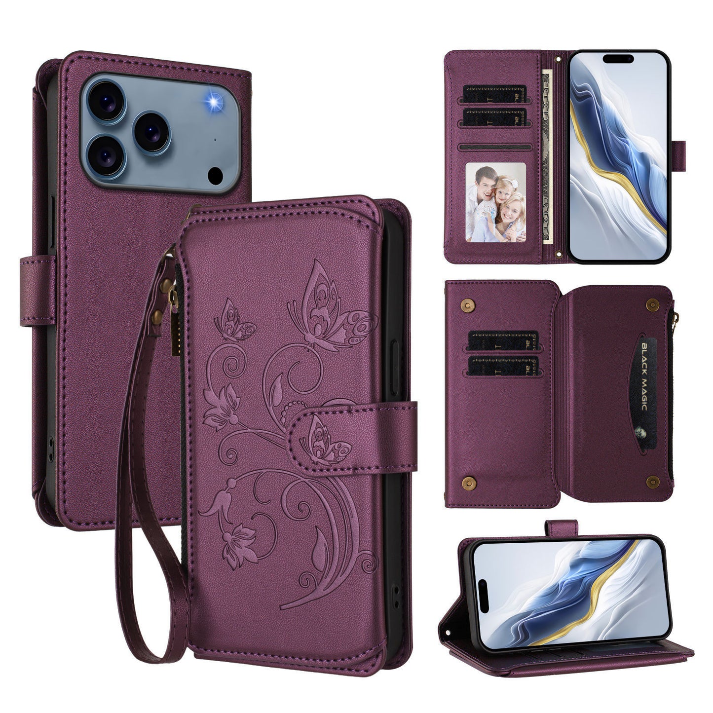 For iPhone 17 Pro Max Leather Case Butterfly Floral Imprint Zipper Wallet Stand Cover with Wrist Strap