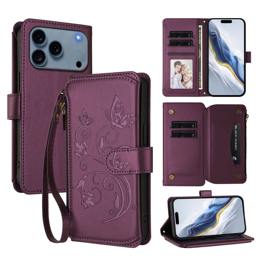 For iPhone 17 Pro Max Leather Case Butterfly Floral Imprint Zipper Wallet Stand Cover with Wrist Strap