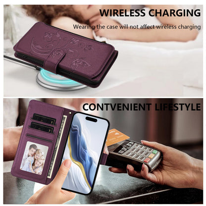 For iPhone 17 Pro Max Leather Case Butterfly Floral Imprint Zipper Wallet Stand Cover with Wrist Strap