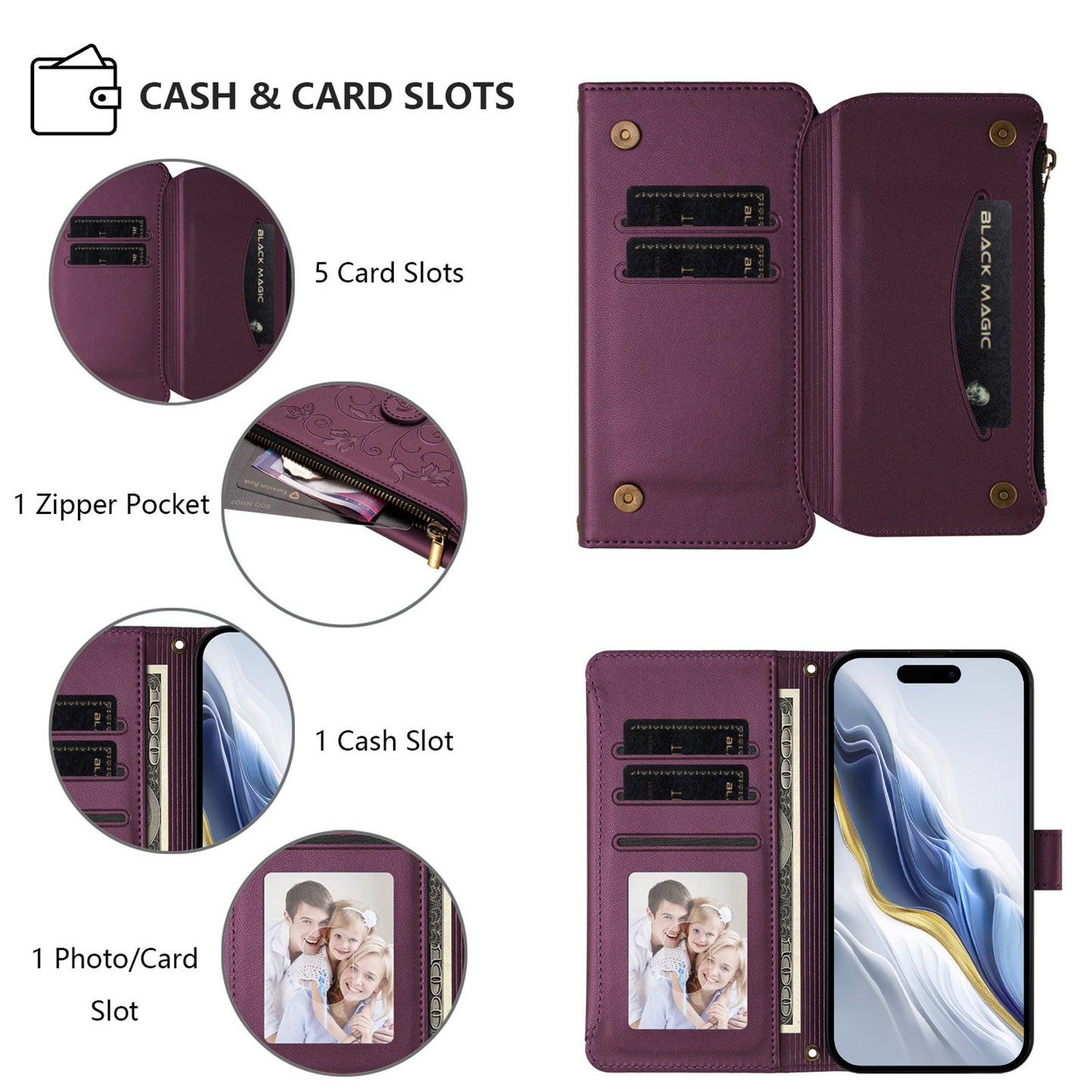 For iPhone 17 Pro Max Leather Case Butterfly Floral Imprint Zipper Wallet Stand Cover with Wrist Strap