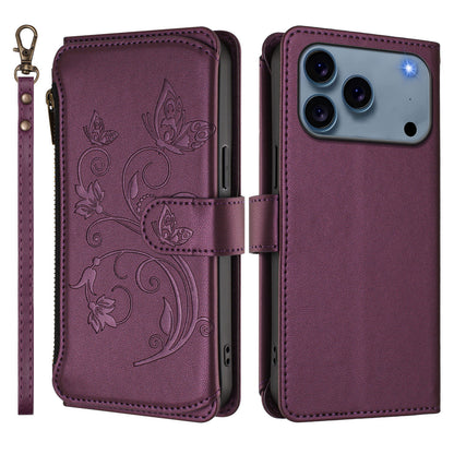 For iPhone 17 Pro Max Leather Case Butterfly Floral Imprint Zipper Wallet Stand Cover with Wrist Strap