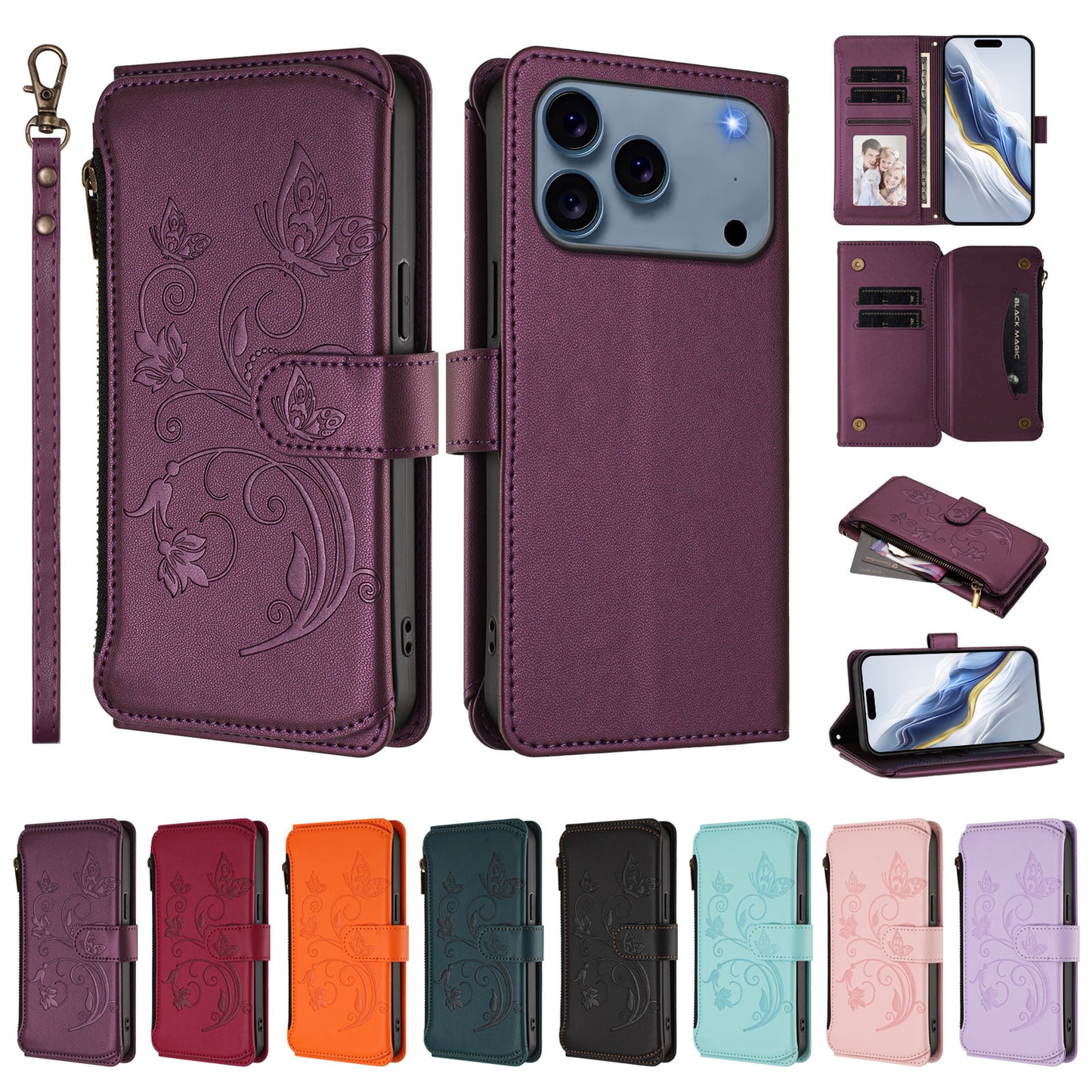 For iPhone 17 Pro Max Leather Case Butterfly Floral Imprint Zipper Wallet Stand Cover with Wrist Strap