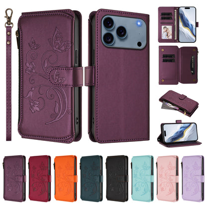 For iPhone 17 Pro Max Leather Case Butterfly Floral Imprint Zipper Wallet Stand Cover with Wrist Strap