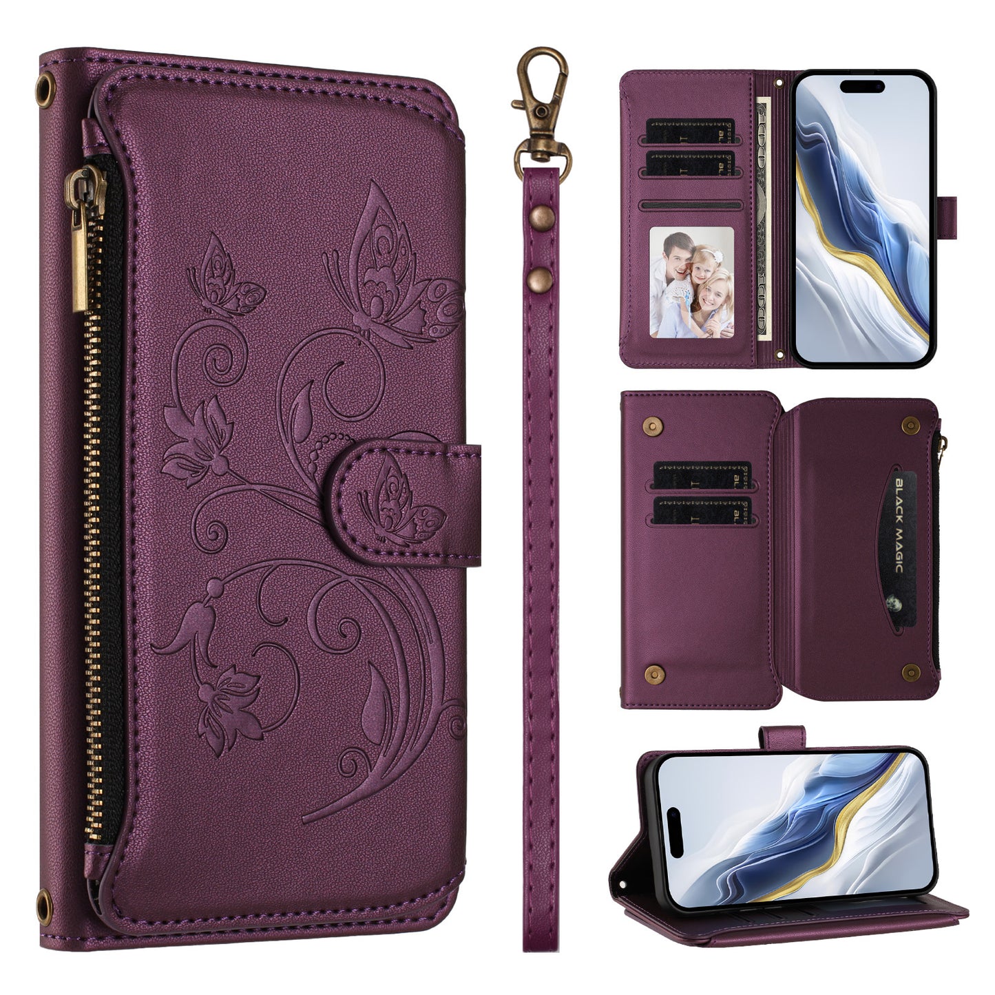 For iPhone 17 Pro Max Leather Case Butterfly Floral Imprint Zipper Wallet Stand Cover with Wrist Strap
