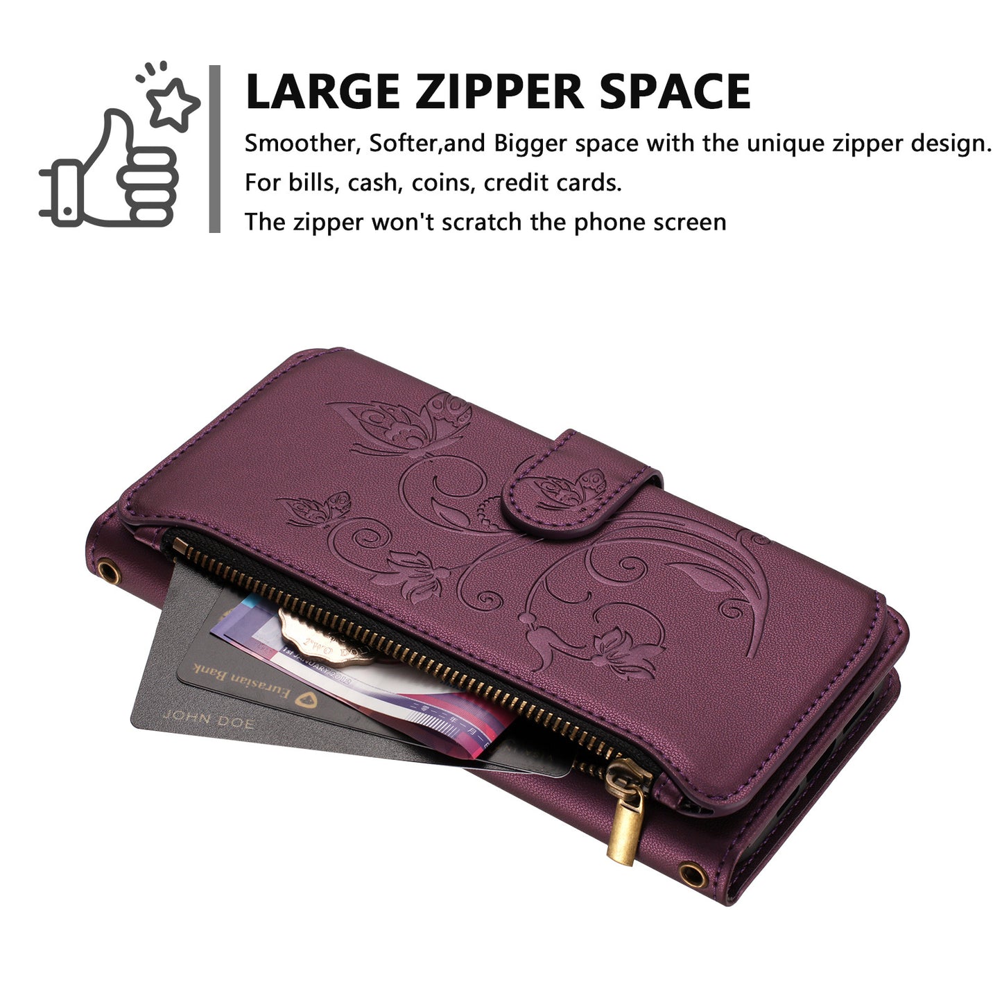 For iPhone 17 Pro Max Leather Case Butterfly Floral Imprint Zipper Wallet Stand Cover with Wrist Strap