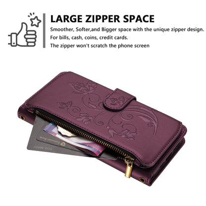 For iPhone 17 Pro Max Leather Case Butterfly Floral Imprint Zipper Wallet Stand Cover with Wrist Strap