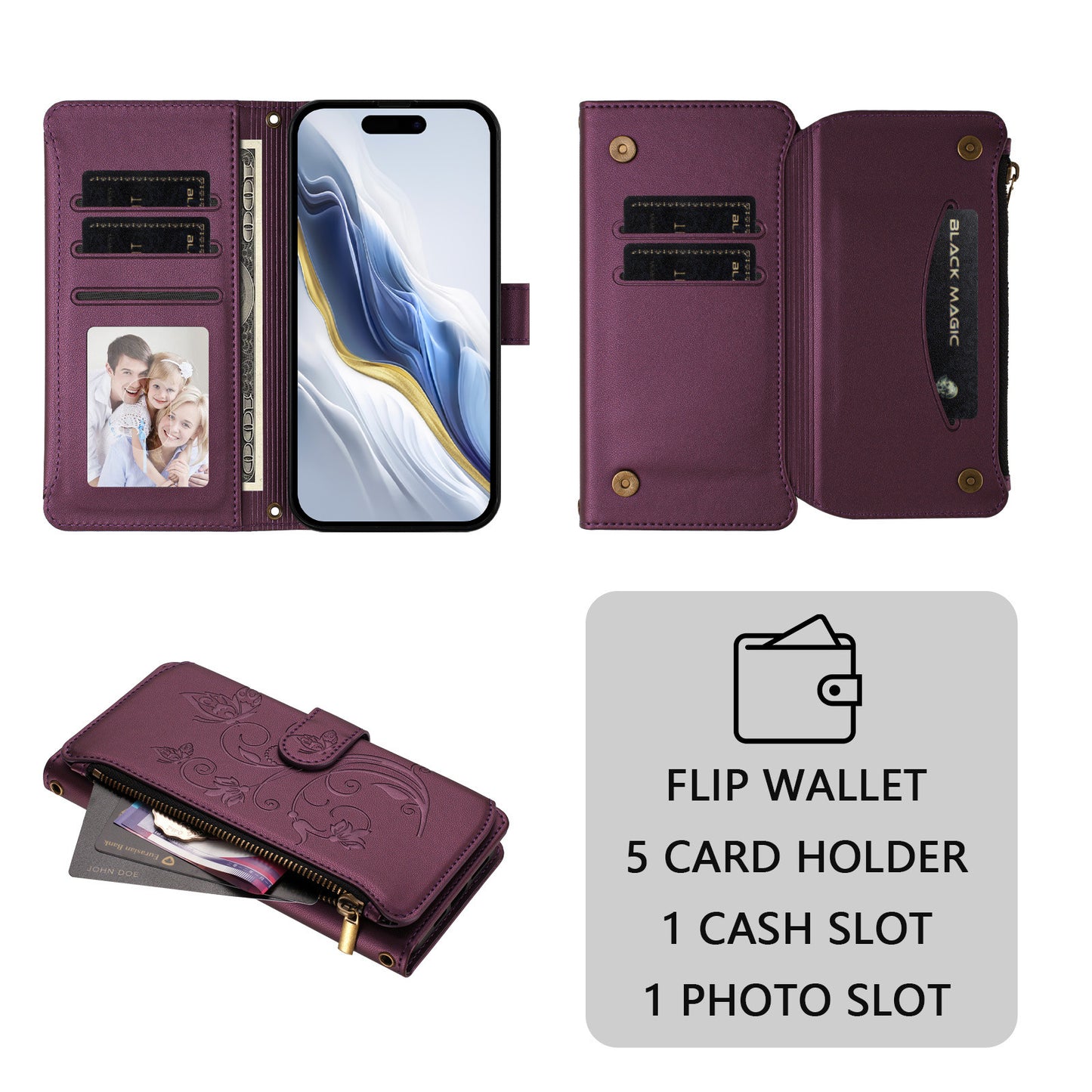 For iPhone 17 Pro Max Leather Case Butterfly Floral Imprint Zipper Wallet Stand Cover with Wrist Strap
