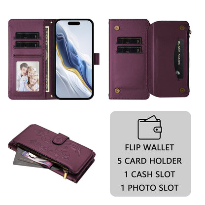 For iPhone 17 Pro Max Leather Case Butterfly Floral Imprint Zipper Wallet Stand Cover with Wrist Strap