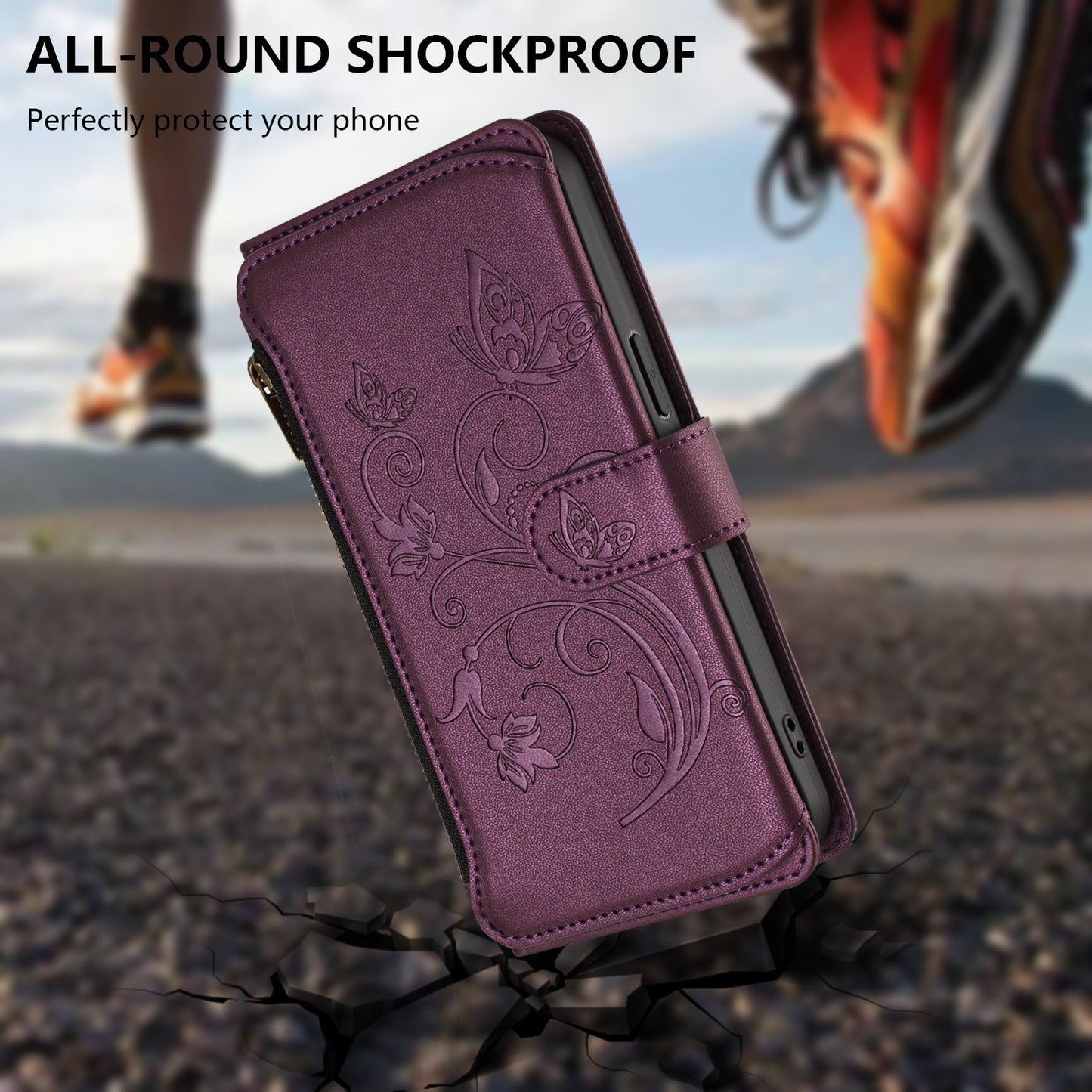 For iPhone 17 Pro Max Leather Case Butterfly Floral Imprint Zipper Wallet Stand Cover with Wrist Strap