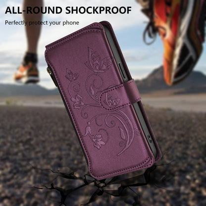 For iPhone 17 Pro Max Leather Case Butterfly Floral Imprint Zipper Wallet Stand Cover with Wrist Strap