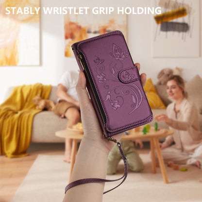 For iPhone 17 Pro Max Leather Case Butterfly Floral Imprint Zipper Wallet Stand Cover with Wrist Strap