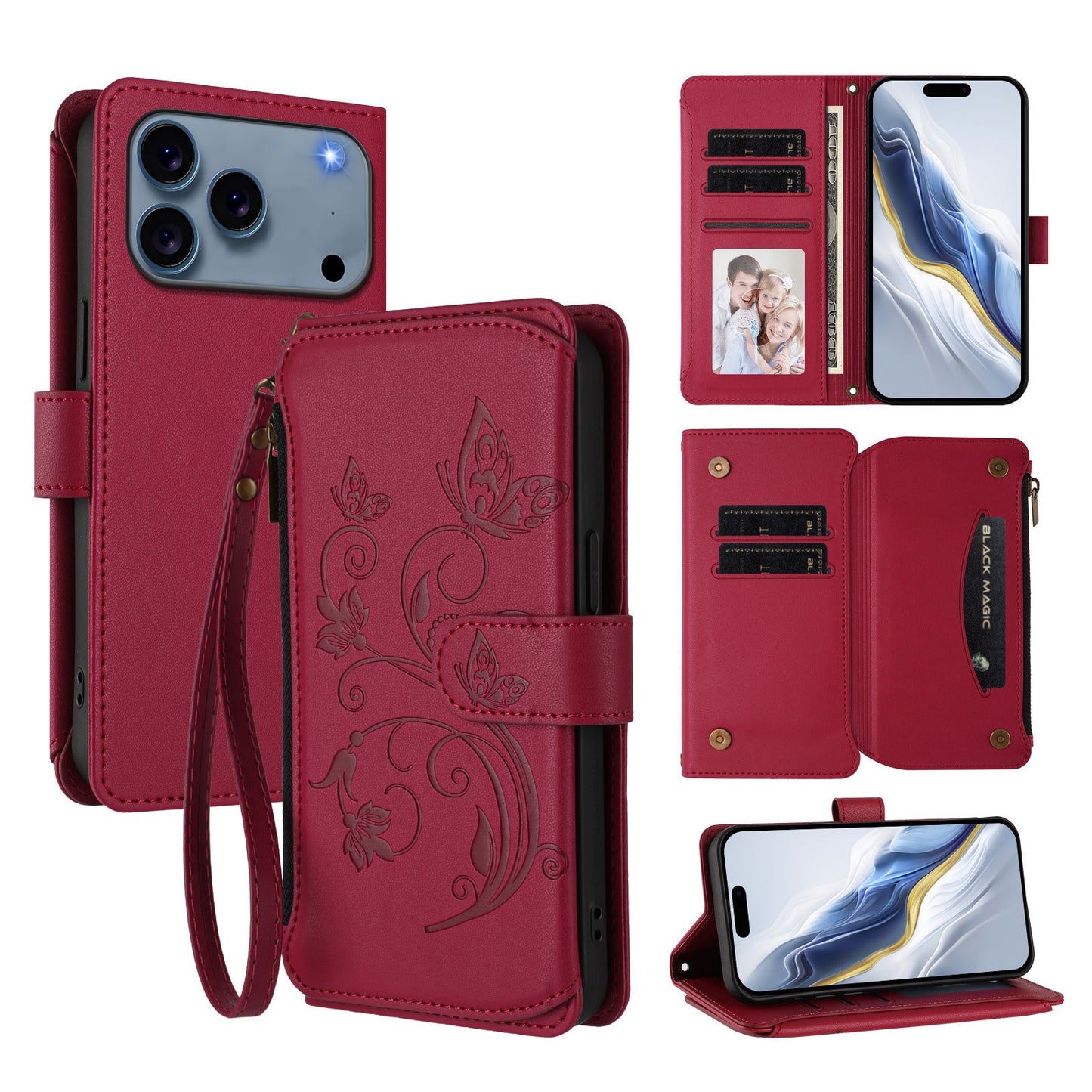 For iPhone 17 Pro Max Leather Case Butterfly Floral Imprint Zipper Wallet Stand Cover with Wrist Strap