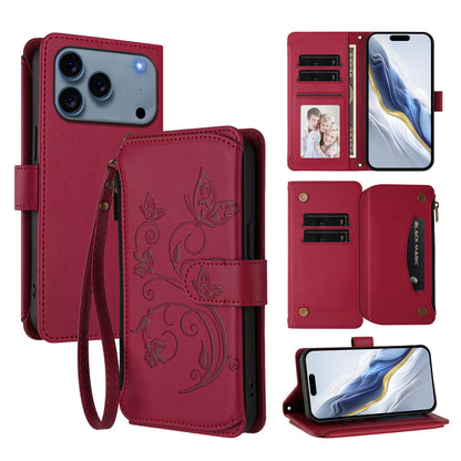 For iPhone 17 Pro Max Leather Case Butterfly Floral Imprint Zipper Wallet Stand Cover with Wrist Strap