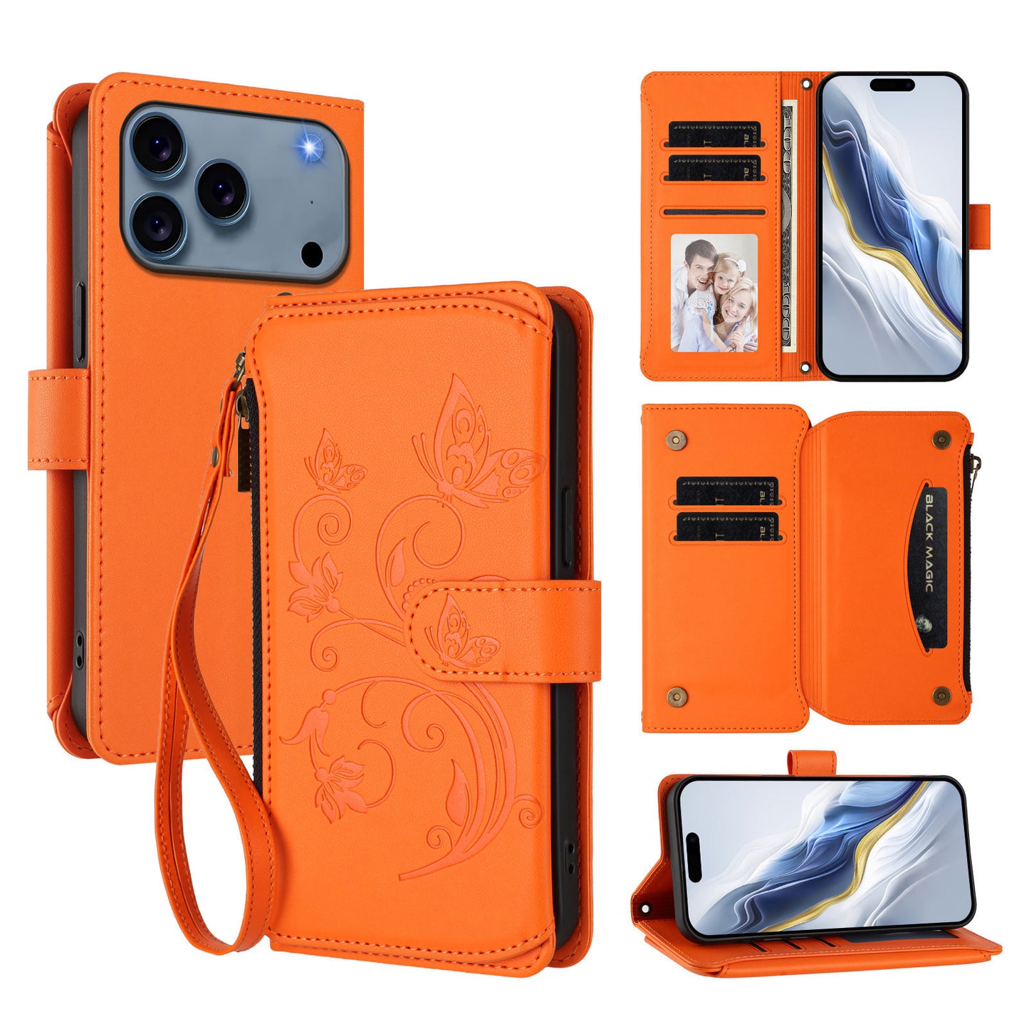 For iPhone 17 Pro Max Leather Case Butterfly Floral Imprint Zipper Wallet Stand Cover with Wrist Strap