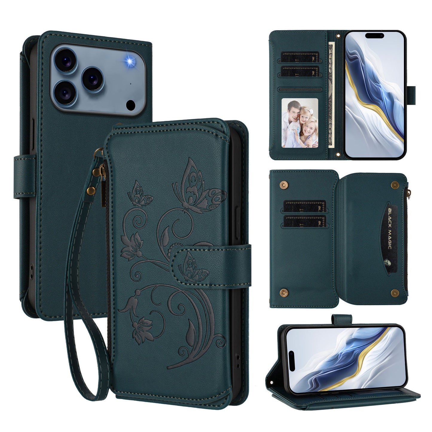 For iPhone 17 Pro Max Leather Case Butterfly Floral Imprint Zipper Wallet Stand Cover with Wrist Strap
