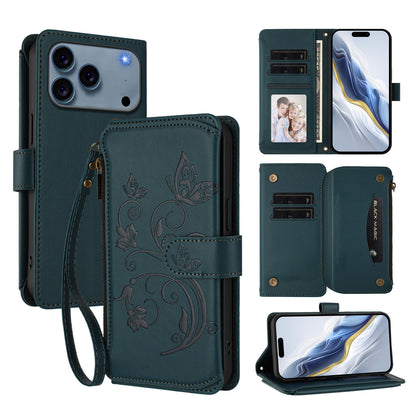 For iPhone 17 Pro Max Leather Case Butterfly Floral Imprint Zipper Wallet Stand Cover with Wrist Strap