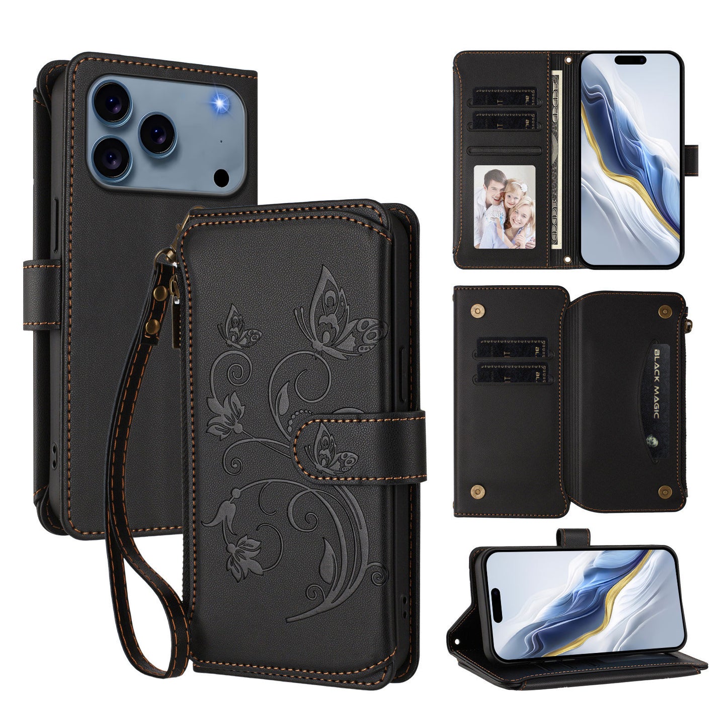 For iPhone 17 Pro Max Leather Case Butterfly Floral Imprint Zipper Wallet Stand Cover with Wrist Strap