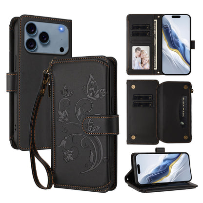 For iPhone 17 Pro Max Leather Case Butterfly Floral Imprint Zipper Wallet Stand Cover with Wrist Strap