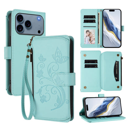 For iPhone 17 Pro Max Leather Case Butterfly Floral Imprint Zipper Wallet Stand Cover with Wrist Strap