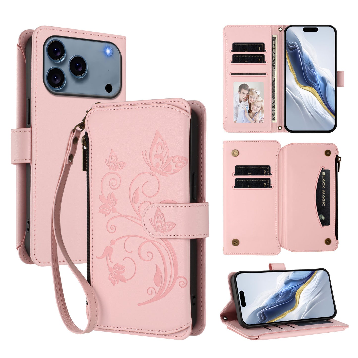 For iPhone 17 Pro Max Leather Case Butterfly Floral Imprint Zipper Wallet Stand Cover with Wrist Strap