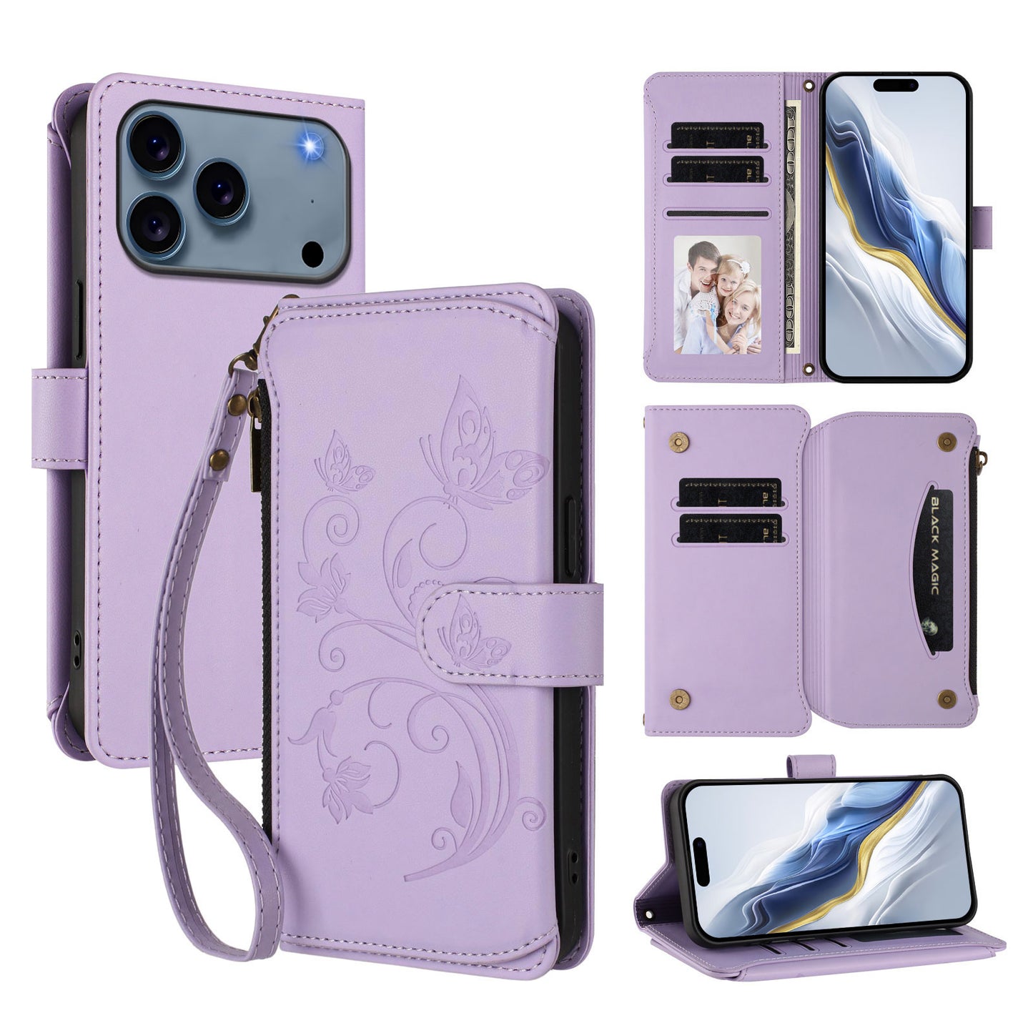 For iPhone 17 Pro Max Leather Case Butterfly Floral Imprint Zipper Wallet Stand Cover with Wrist Strap