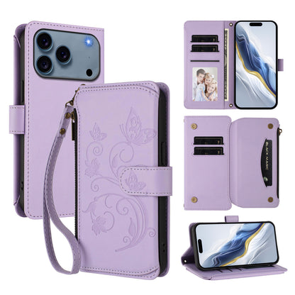For iPhone 17 Pro Max Leather Case Butterfly Floral Imprint Zipper Wallet Stand Cover with Wrist Strap