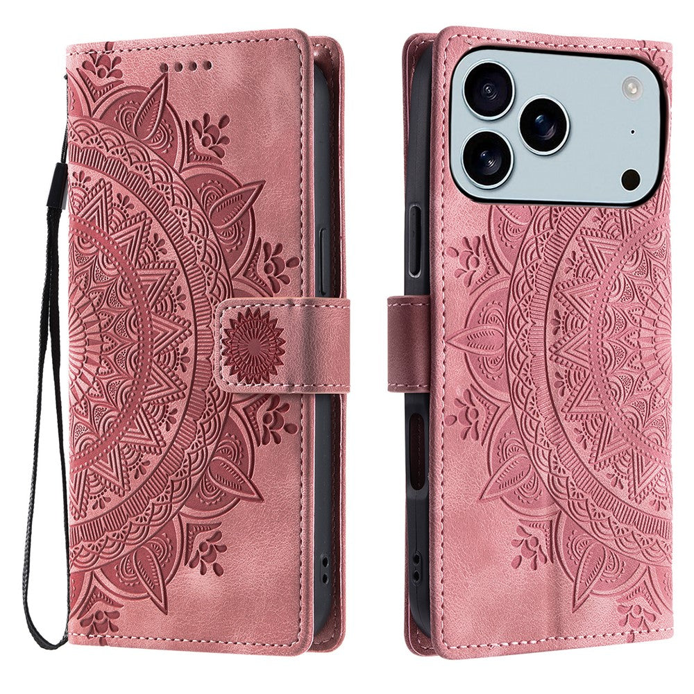 For iPhone 17 Pro Max Case Imprinted Totem Skin Feel Wallet Leather Phone Cover with Hand Strap