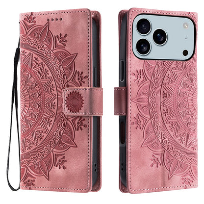 For iPhone 17 Pro Max Case Imprinted Totem Skin Feel Wallet Leather Phone Cover with Hand Strap