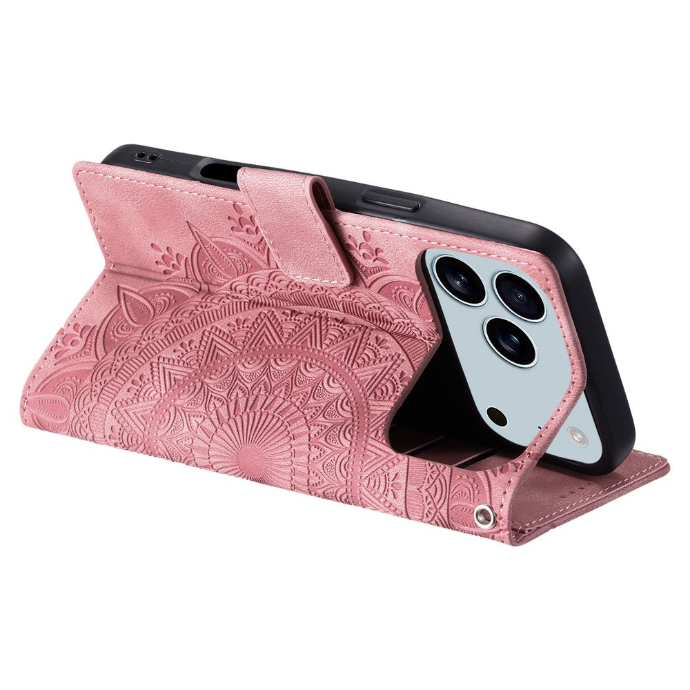 For iPhone 17 Pro Max Case Imprinted Totem Skin Feel Wallet Leather Phone Cover with Hand Strap