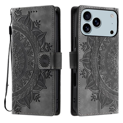 For iPhone 17 Pro Max Case Imprinted Totem Skin Feel Wallet Leather Phone Cover with Hand Strap