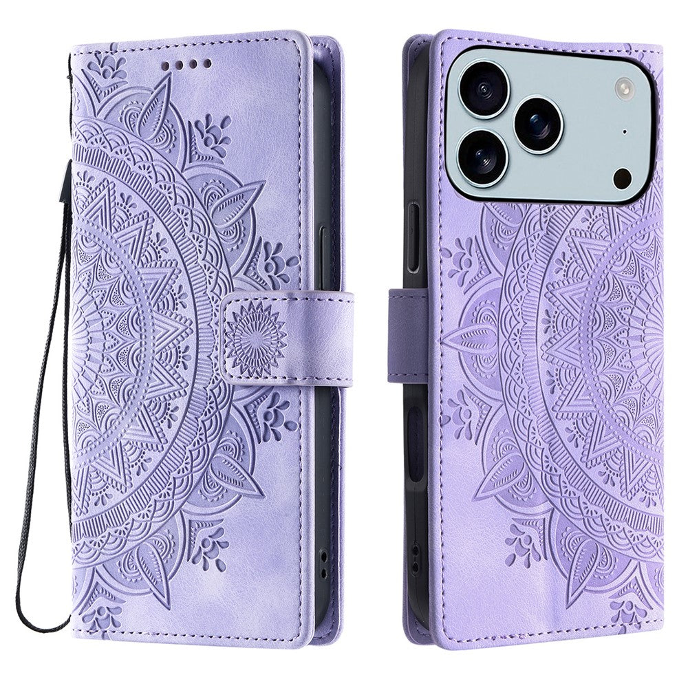 For iPhone 17 Pro Max Case Imprinted Totem Skin Feel Wallet Leather Phone Cover with Hand Strap