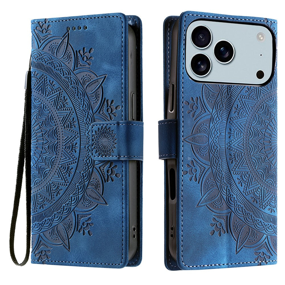 For iPhone 17 Pro Max Case Imprinted Totem Skin Feel Wallet Leather Phone Cover with Hand Strap