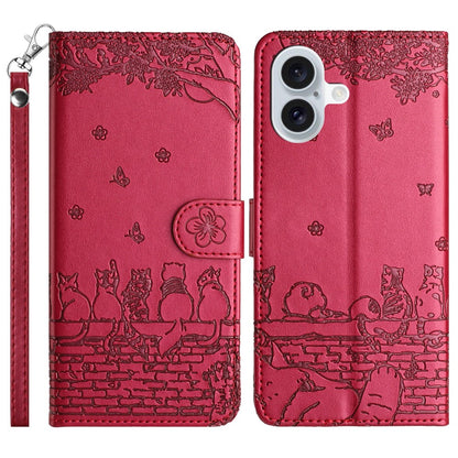 For iPhone 17 Case with Wrist Strap Leather Phone Cover Wall Cats Pattern
