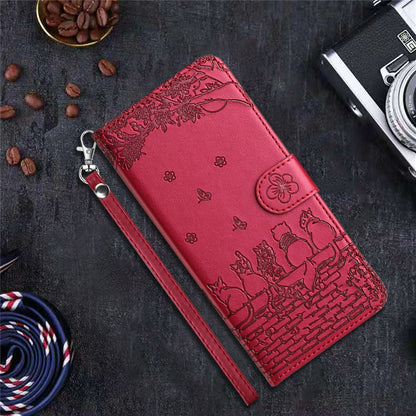 For iPhone 17 Case with Wrist Strap Leather Phone Cover Wall Cats Pattern