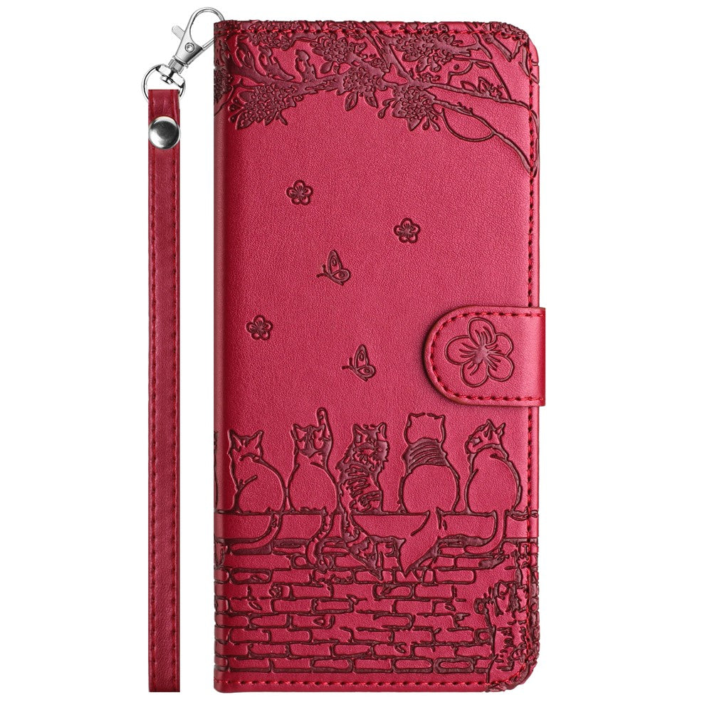 For iPhone 17 Case with Wrist Strap Leather Phone Cover Wall Cats Pattern