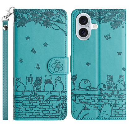 For iPhone 17 Case with Wrist Strap Leather Phone Cover Wall Cats Pattern